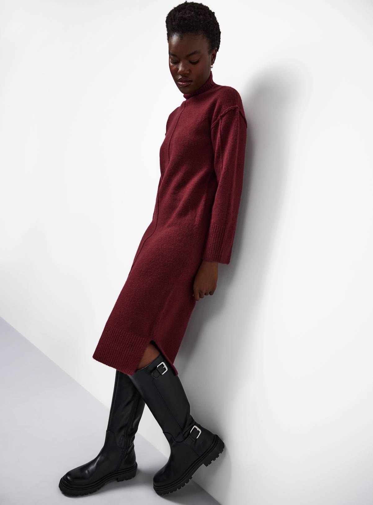 Dark Red High Neck Seam Detail Midi Knitted Dress S - Image 1